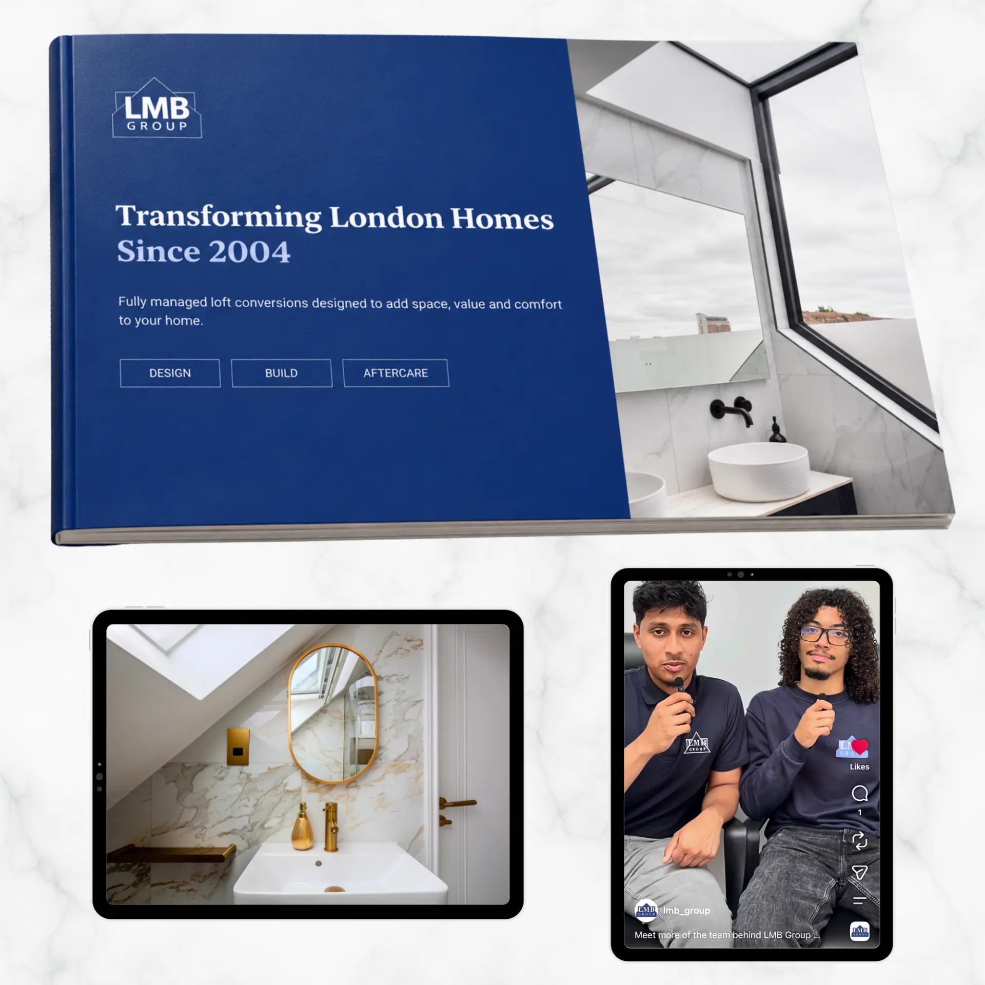 LMB Group brand cover: their navy brochure 'Transforming London Homes Since 2004' beside tablets showing a marble bathroom photo and social content